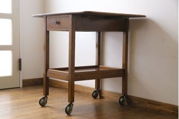 レトロ家具　イギリスビンテージ　オーク材　天板拡張式のレトロなトロリー(キッチンワゴン、サイドテーブル)
