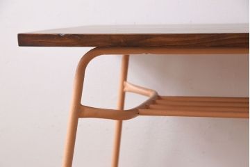 アンティーク家具　ヒノキ材製天板　ペイントがおしゃれなアイアンテーブル(作業台、カフェテーブル)(1)