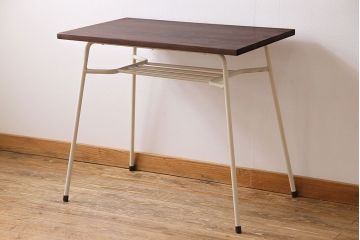 アンティーク家具　ヒノキ材製天板　ペイントがおしゃれなアイアンテーブル(作業台、カフェテーブル(2)