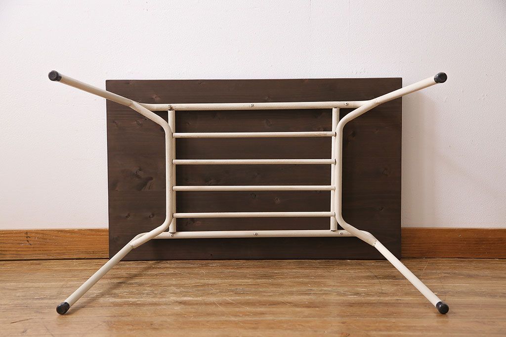 アンティーク家具　ヒノキ材製天板　ペイントがおしゃれなアイアンテーブル(作業台、カフェテーブル(2)