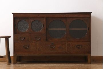 【A様ご成約済み・ご決済用】和製アンティーク　丸窓が可愛らしいハーモニカ付きローボード(カップボード、食器棚、収納棚)