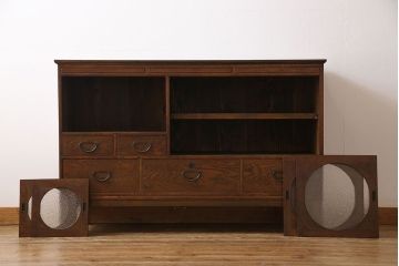 【A様ご成約済み・ご決済用】和製アンティーク　丸窓が可愛らしいハーモニカ付きローボード(カップボード、食器棚、収納棚)