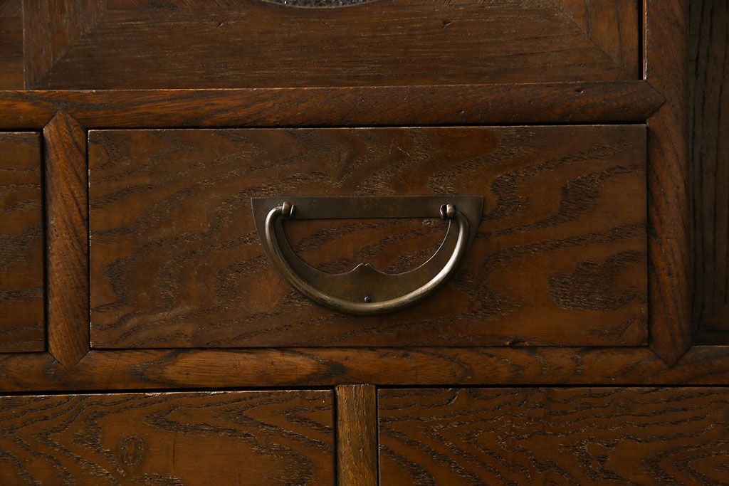 【A様ご成約済み・ご決済用】和製アンティーク　丸窓が可愛らしいハーモニカ付きローボード(カップボード、食器棚、収納棚)