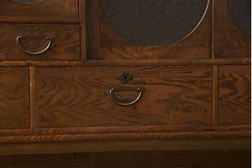 【A様ご成約済み・ご決済用】和製アンティーク　丸窓が可愛らしいハーモニカ付きローボード(カップボード、食器棚、収納棚)