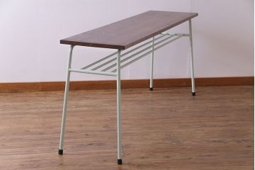 アンティーク家具　ヒノキ無垢材　淡いカラーのペイント鉄脚テーブル(作業台、カウンターテーブル)(2)