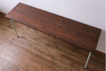 アンティーク家具　ヒノキ無垢材　淡いカラーのペイント鉄脚テーブル(作業台、カウンターテーブル)(2)