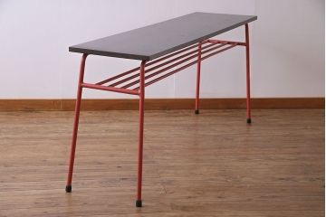 アンティーク家具　ヒノキ無垢材　コントラストが鮮やかなペイント鉄脚テーブル(作業台、カウンターテーブル)(1)