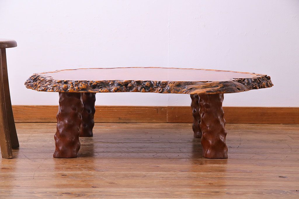 アンティーク家具　1980年頃　カリン材(花梨材)　艶やかな鳥眼杢の天板が美しいセンターテーブル(座卓)