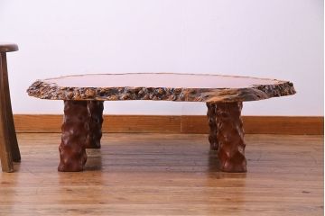 アンティーク家具　1980年頃　カリン材(花梨材)　艶やかな鳥眼杢の天板が美しいセンターテーブル(座卓)