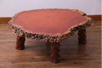 アンティーク家具　1980年頃　カリン材(花梨材)　艶やかな鳥眼杢の天板が美しいセンターテーブル(座卓)