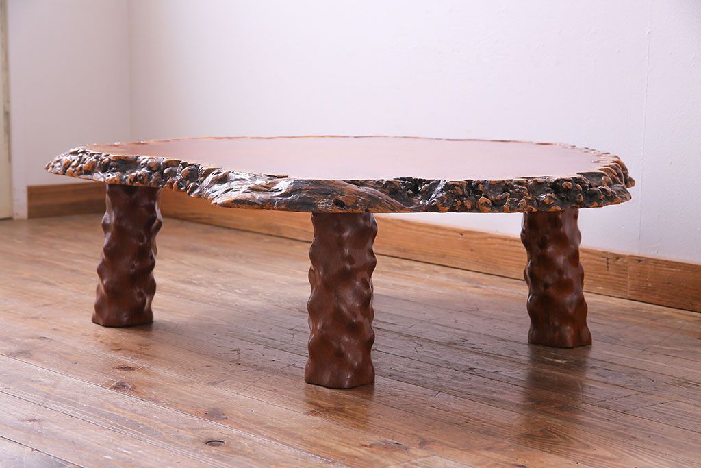 アンティーク家具　1980年頃　カリン材(花梨材)　艶やかな鳥眼杢の天板が美しいセンターテーブル(座卓)