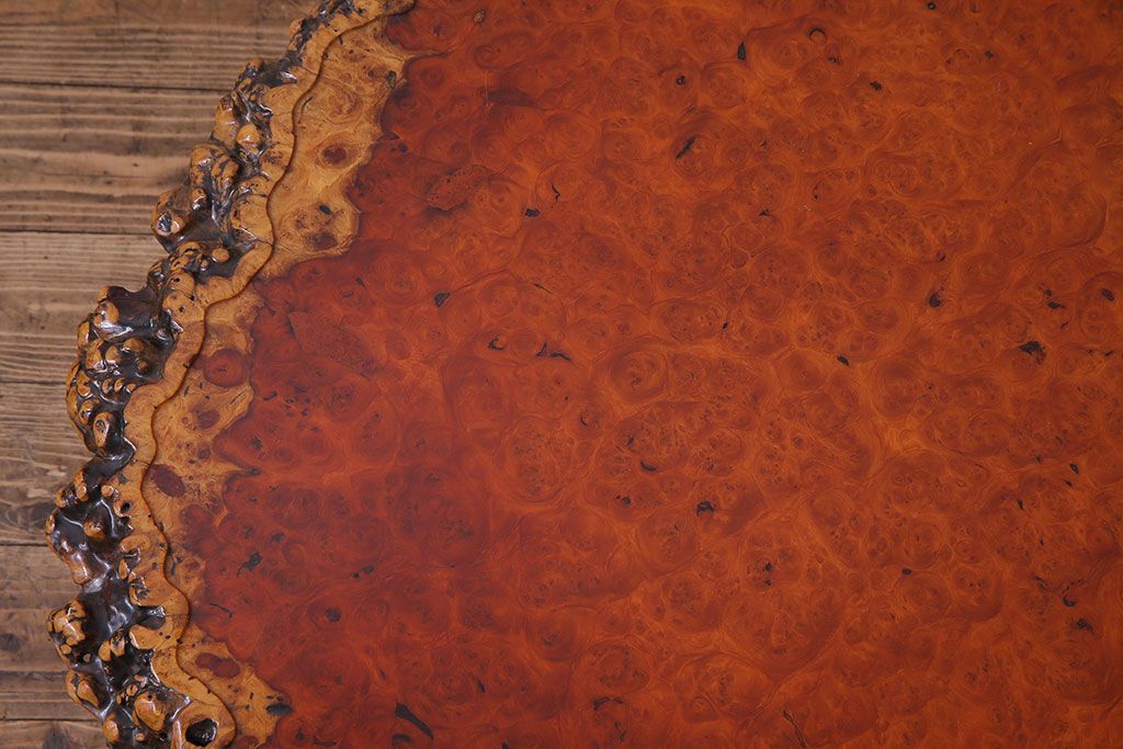 アンティーク家具　1980年頃　カリン材(花梨材)　艶やかな鳥眼杢の天板が美しいセンターテーブル(座卓)