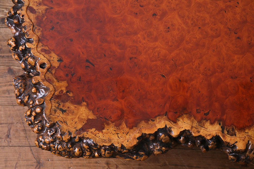 アンティーク家具　1980年頃　カリン材(花梨材)　艶やかな鳥眼杢の天板が美しいセンターテーブル(座卓)