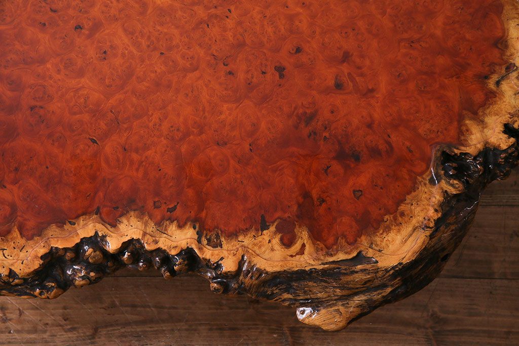 アンティーク家具　1980年頃　カリン材(花梨材)　艶やかな鳥眼杢の天板が美しいセンターテーブル(座卓)