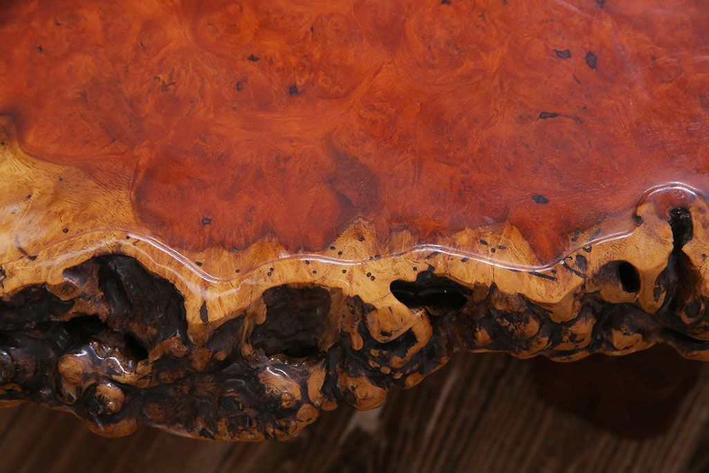 アンティーク家具　1980年頃　カリン材(花梨材)　艶やかな鳥眼杢の天板が美しいセンターテーブル(座卓)