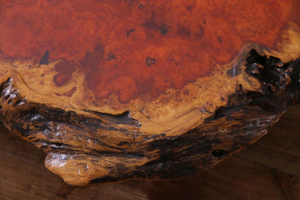 アンティーク家具　1980年頃　カリン材(花梨材)　艶やかな鳥眼杢の天板が美しいセンターテーブル(座卓)