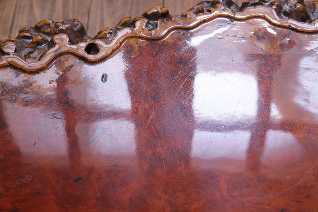 アンティーク家具　1980年頃　カリン材(花梨材)　艶やかな鳥眼杢の天板が美しいセンターテーブル(座卓)