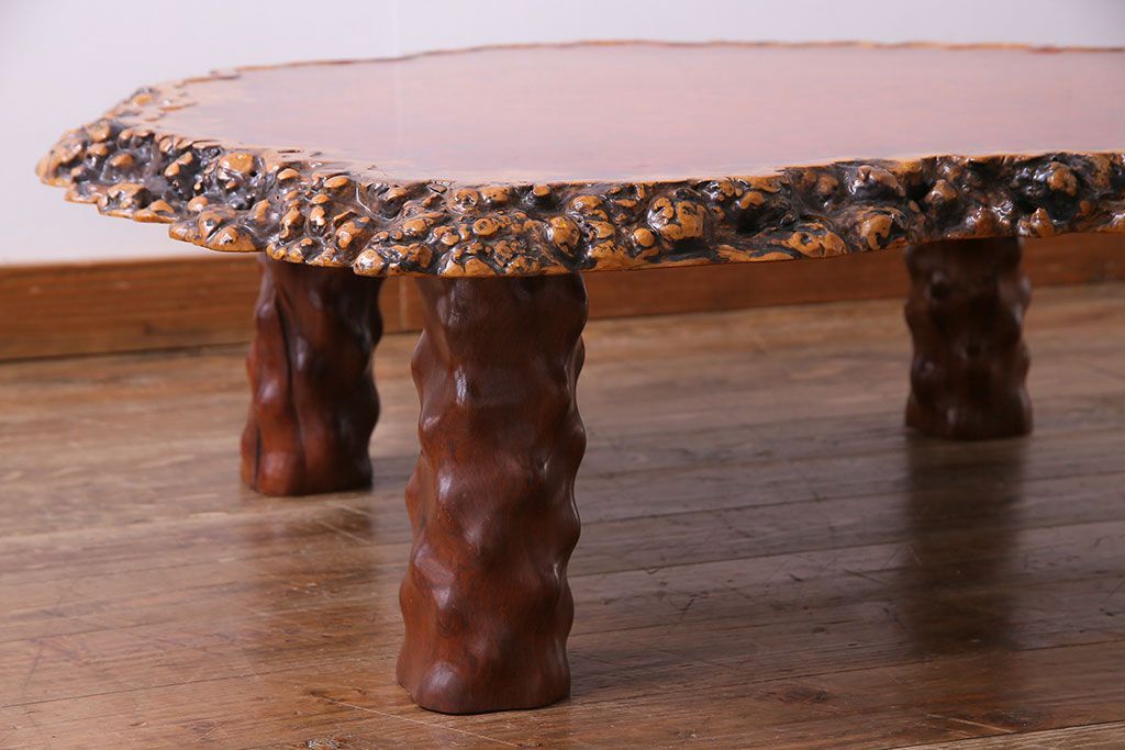 アンティーク家具　1980年頃　カリン材(花梨材)　艶やかな鳥眼杢の天板が美しいセンターテーブル(座卓)