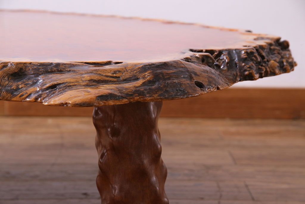 アンティーク家具　1980年頃　カリン材(花梨材)　艶やかな鳥眼杢の天板が美しいセンターテーブル(座卓)