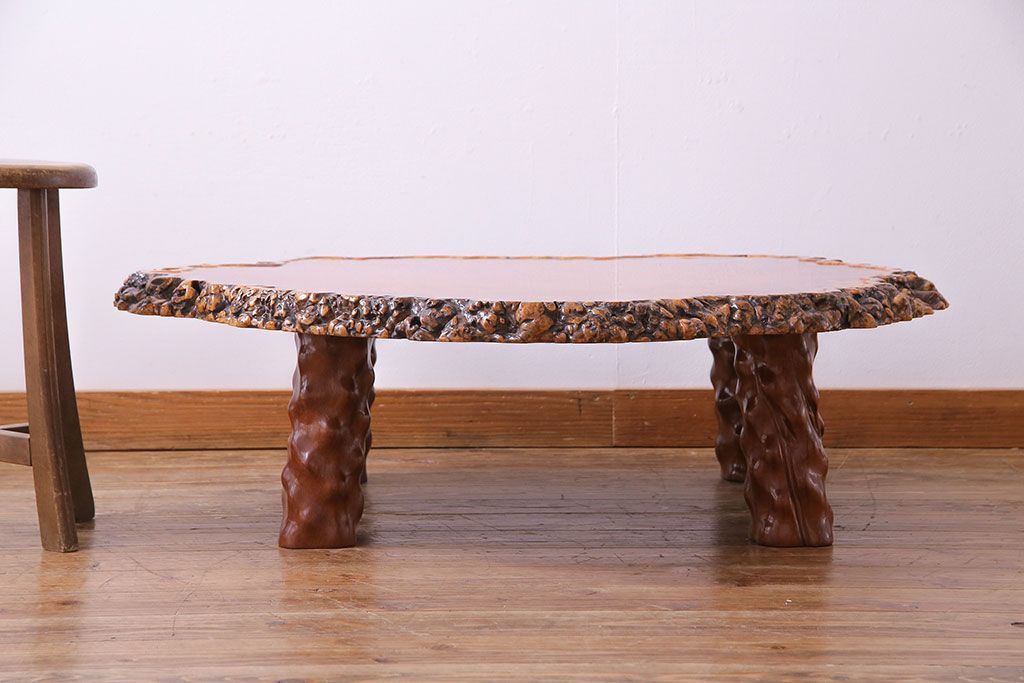 アンティーク家具　1980年頃　カリン材(花梨材)　艶やかな鳥眼杢の天板が美しいセンターテーブル(座卓)