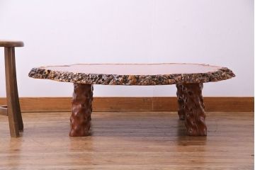 アンティーク家具　1980年頃　カリン材(花梨材)　艶やかな鳥眼杢の天板が美しいセンターテーブル(座卓)