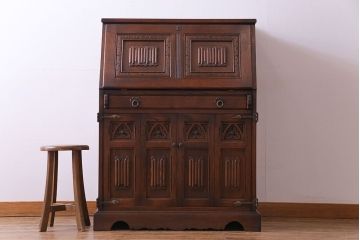 中古　old charm(オールドチャーム)　オーク材　珍しい作りのビューロー(ワークデスク、在宅ワーク、在宅用、キャビネット、収納棚)
