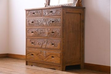 中古　伝統工芸軽井沢彫り　華やかな印象のドレッシングチェスト(ドレッサー、鏡、ミラー)