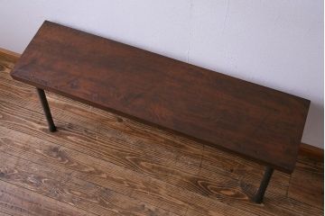 昭和初期　トチノキ(栃の木)　古材の風合いを活かしたリメイク鉄脚ベンチ(椅子、板座チェア)