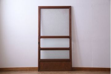 ヒノキ材　希少な花模様のプレスガラスが目を引く帯戸(ガラス帯戸、ガラス戸、引き戸、建具)