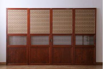 昭和期　襖が目を引く上質な組子帯戸(ガラス帯戸、引き戸、間仕切り、襖、建具)4枚セット