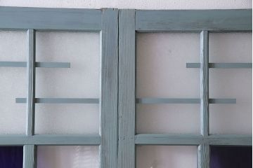 アンティーク建具　昭和初期　色ガラス・当時物ダイヤガラス入り!　シャビーな雰囲気が可愛いらしいペイントガラス戸2枚セット(2)