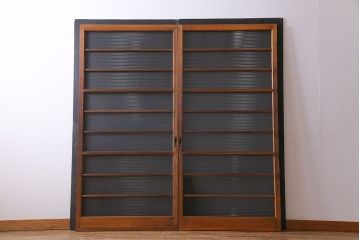 昭和レトロ　明るい木味のモールガラス入りガラス戸2枚セット(引き戸)