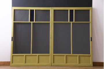 昭和レトロ　色ガラスがアクセントのペイントガラス戸(窓)2枚セット(1)