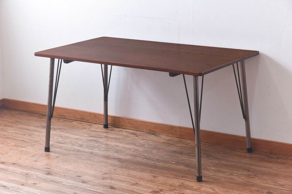 リメイク　ラワン材使用の昭和レトロな鉄脚テーブル(机、在宅ワーク、在宅用デスク、作業台)