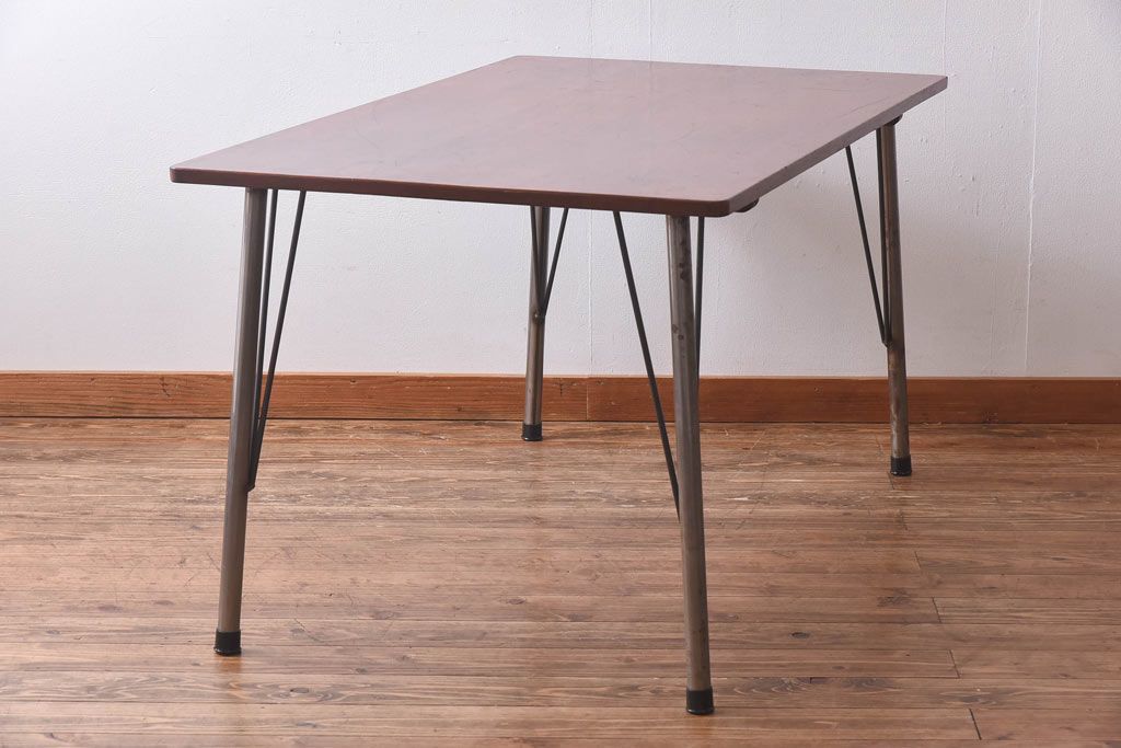 リメイク　ラワン材使用の昭和レトロな鉄脚テーブル(机、在宅ワーク、在宅用デスク、作業台)