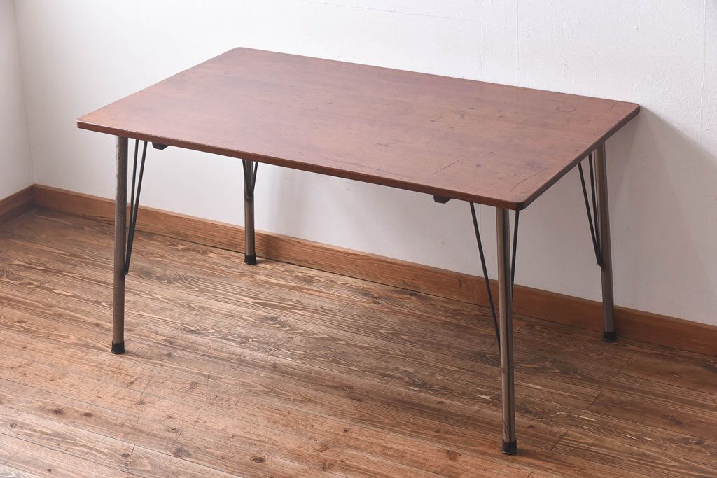 リメイク　ラワン材使用の昭和レトロな鉄脚テーブル(机、在宅ワーク、在宅用デスク、作業台)