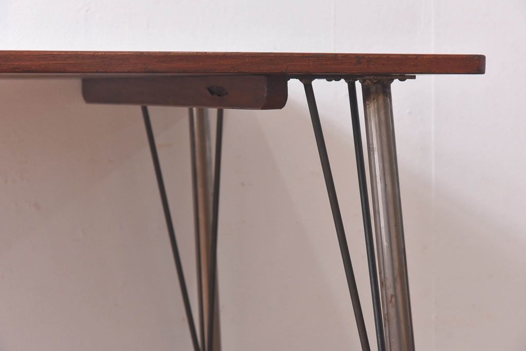 リメイク　ラワン材使用の昭和レトロな鉄脚テーブル(机、在宅ワーク、在宅用デスク、作業台)
