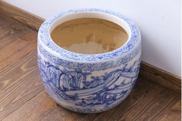 アンティーク雑貨　常滑焼　山水図　どこか洋風の雰囲気を漂わせる瀬戸火鉢(鉢カバー)