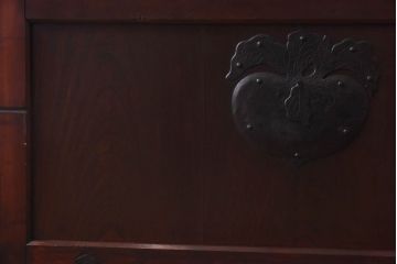 和製アンティーク　ヒノキ材　漆塗り　金具の細工が美しいガラス入り蔵戸(ガラス引き戸、格子戸、建具、玄関戸)