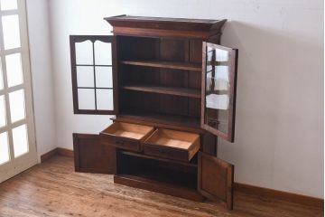 レトロ家具　大正ロマン　上手物　象嵌入り　レトロで上品なガラス収納棚(ブックケース、食器棚、飾り棚)