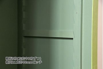 ペイント家具　ペイントカラーがレトロな雰囲気を醸し出すマス目棚(オープンラック、収納棚)