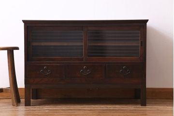 レトロ家具　モールガラス入り　レトロな雰囲気が高まるリメイクローボード(テレビボード)(2)