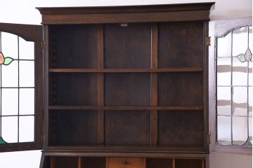 アンティーク家具　イギリスアンティーク　ステンドグラス　品格ある佇まいが魅力の大型ブックケース付きビューロー(簿記机、チェスト)