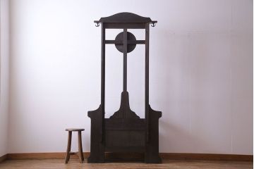 アンティーク雑貨　イギリスアンティーク　オーク材　重厚感を放つ機能的なベンチ付きホールスタンド(傘立て、コート掛け)