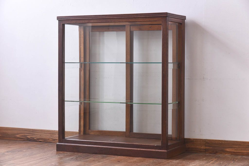 アンティーク家具　【S様売約済】昭和初期　ナラ材製　5面ガラスの薄型ショーケース(ガラスケース、飾り棚)