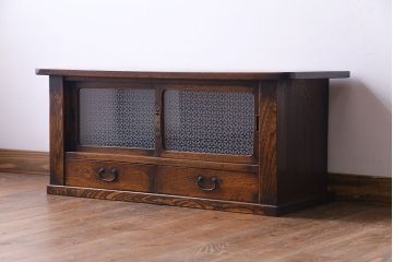 レトロ家具　昭和レトロ　栓材　花のようなカットが愛らしいオリジナルガラス入り戸棚(収納棚、ローボード)