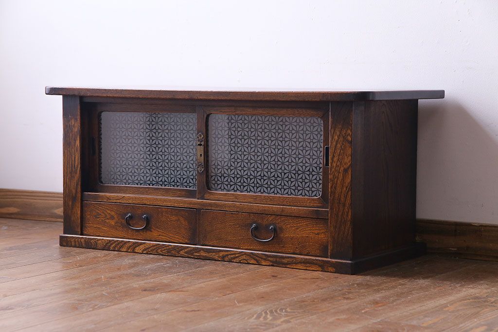 レトロ家具　昭和レトロ　栓材　花のようなカットが愛らしいオリジナルガラス入り戸棚(収納棚、ローボード)