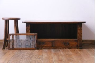 レトロ家具　昭和レトロ　栓材　花のようなカットが愛らしいオリジナルガラス入り戸棚(収納棚、ローボード)