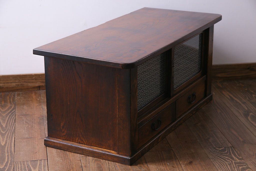 レトロ家具　昭和レトロ　栓材　花のようなカットが愛らしいオリジナルガラス入り戸棚(収納棚、ローボード)