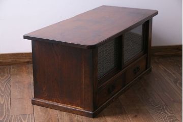 レトロ家具　昭和レトロ　栓材　花のようなカットが愛らしいオリジナルガラス入り戸棚(収納棚、ローボード)